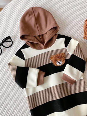 SHEIN جمبسوت رضيع صبي/بنت جميلة للخريف/الشتاء قطنية مخططة بنمط الدب الكرتوني، ملابس رضيع مخططة بالخاكي، ملابس شتوية للرضع جنسين، ملابس رضيع صبي مخططة بالدب، جمبسوت رضيع صبي مقنعة للخريف