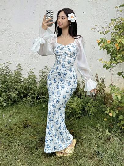 SHEIN فستان مرمر بتصميم زهري مموج للمراهقات