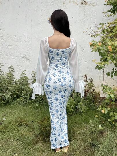 SHEIN فستان مرمر بتصميم زهري مموج للمراهقات