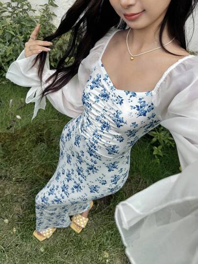 SHEIN فستان مرمر بتصميم زهري مموج للمراهقات