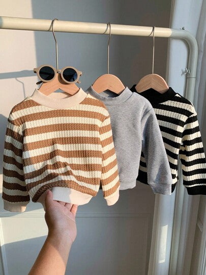 SHEIN 3 قطع/مجموعة بلوزات رياضية أساسية مخططة بياقة طاقم للأطفال الصبيان/البنات، للخريف/الشتاء