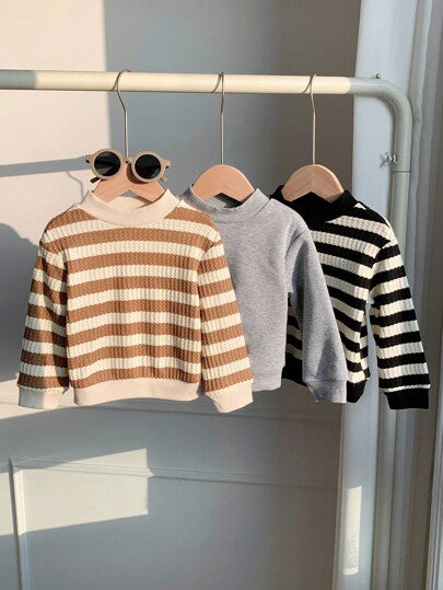 SHEIN 3 قطع/مجموعة بلوزات رياضية أساسية مخططة بياقة طاقم للأطفال الصبيان/البنات، للخريف/الشتاء