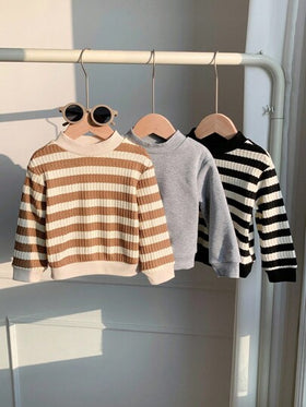 SHEIN 3 قطع/مجموعة بلوزات رياضية أساسية مخططة بياقة طاقم للأطفال الصبيان/البنات، للخريف/الشتاء
