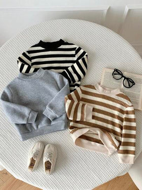 SHEIN 3 قطع/مجموعة بلوزات رياضية أساسية مخططة بياقة طاقم للأطفال الصبيان/البنات، للخريف/الشتاء