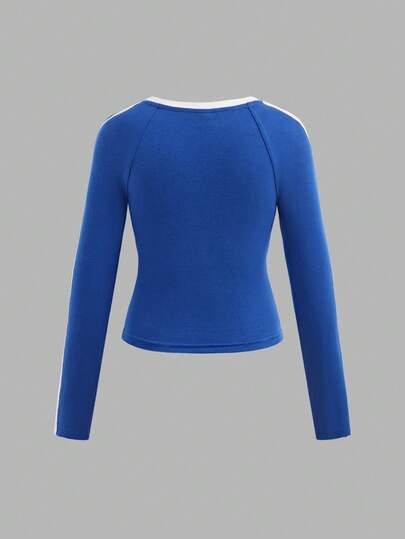 SHEIN قميص تي شيرت بياقة دائرية مريح للفتيات المراهقات، بأكمام طويلة وتصميم ألوان متباينة مع شريط زخرفي