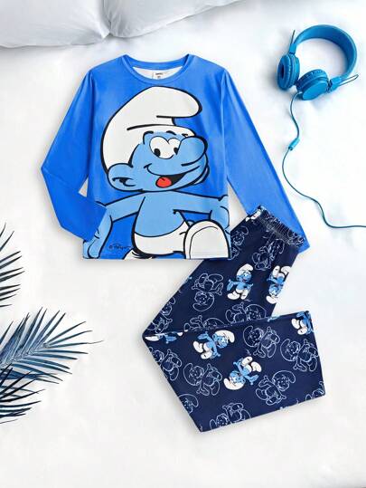 SHEIN X The Smurfs مجموعة بيجامة تتكون من قميص كم طويل وبنطال، مطبوعة برسوم كرتونية رياضية لطيفة للأولاد المراهقين، مناسبة للخريف/الشتاء، قطعتان
