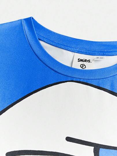 SHEIN X The Smurfs مجموعة بيجامة تتكون من قميص كم طويل وبنطال، مطبوعة برسوم كرتونية رياضية لطيفة للأولاد المراهقين، مناسبة للخريف/الشتاء، قطعتان