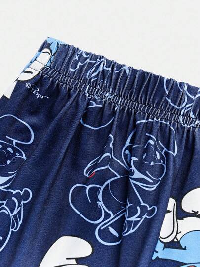 SHEIN X The Smurfs مجموعة بيجامة تتكون من قميص كم طويل وبنطال، مطبوعة برسوم كرتونية رياضية لطيفة للأولاد المراهقين، مناسبة للخريف/الشتاء، قطعتان