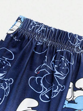 SHEIN X The Smurfs مجموعة بيجامة تتكون من قميص كم طويل وبنطال، مطبوعة برسوم كرتونية رياضية لطيفة للأولاد المراهقين، مناسبة للخريف/الشتاء، قطعتان
