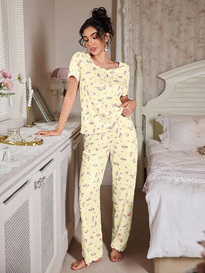 FloralLove مجموعة بيجامات نسائية مطبوعة بالزهور مع ربطة عنق، مجموعة بيجامات نسائية مزهرة، مجموعة بيجامات نسائية للنوم، مجموعة بيجامات نسائية مزهرة، مجموعة بيجامات نسائية للنوم