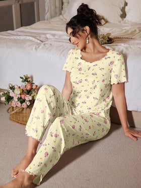 FloralLove مجموعة بيجامات نسائية مطبوعة بالزهور مع ربطة عنق، مجموعة بيجامات نسائية مزهرة، مجموعة بيجامات نسائية للنوم، مجموعة بيجامات نسائية مزهرة، مجموعة بيجامات نسائية للنوم