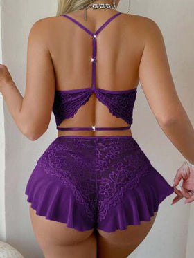 SHEIN رومبير نوم بتصميم مكشوف المنتصف مع علوي من الدانتيل الجذاب للنساء