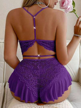 SHEIN رومبير نوم بتصميم مكشوف المنتصف مع علوي من الدانتيل الجذاب للنساء