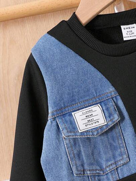 SHEIN مجموعة بنطلون أسود وبلوزة رياضية بياقة طاقم من الجينز المرقع للأطفال الصبيان، ملابس يومية عادية