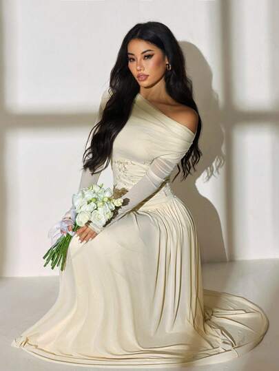 SHEIN PETITE فستان طويل أنيق وأنيق ذو كتف واحد وأكمام طويلة بتباين شبكي مطرز ذو حاشية غير متماثلة مجزأة ذو مرونة عالية ورفيع