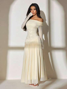 SHEIN PETITE فستان طويل أنيق وأنيق ذو كتف واحد وأكمام طويلة بتباين شبكي مطرز ذو حاشية غير متماثلة مجزأة ذو مرونة عالية ورفيع