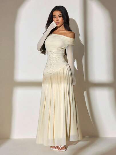 SHEIN PETITE فستان طويل أنيق وأنيق ذو كتف واحد وأكمام طويلة بتباين شبكي مطرز ذو حاشية غير متماثلة مجزأة ذو مرونة عالية ورفيع