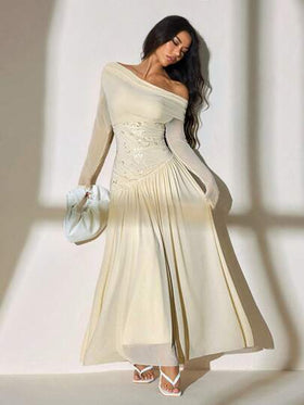 SHEIN PETITE فستان طويل أنيق وأنيق ذو كتف واحد وأكمام طويلة بتباين شبكي مطرز ذو حاشية غير متماثلة مجزأة ذو مرونة عالية ورفيع
