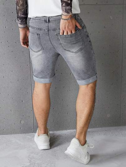Manfinity Homme شورتات جينز رمادية كاجوال للرجال بتصميم رياضي متعدد الاستخدامات، شورتات جينز رمادية للرجال مطاطية مغسولة ضيقة الحجم