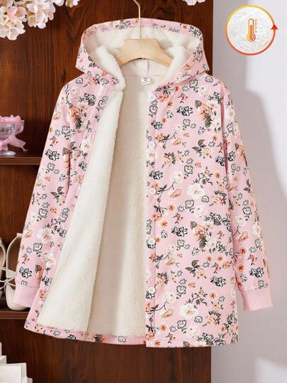 SHEIN Vintaside Kids معطف متوسط الطول مبطن بالفرو الفاخر بنمط زهري قديم للفتيات المراهقات، للاستخدام في الخريف / الشتاء والعطلات والصيف والسفر