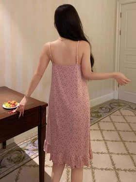 DAZY قميص نوم نسائي بتصميم زهري بسيط بدون أكمام وبحافة مكسرة للاستخدام اليومي رمضان