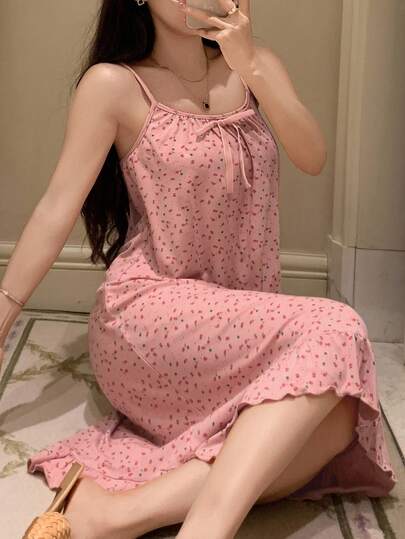 DAZY قميص نوم نسائي بتصميم زهري بسيط بدون أكمام وبحافة مكسرة للاستخدام اليومي رمضان