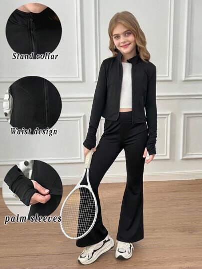 SHEIN بدلة رياضية مكونة من جاكيت كنزة قبة المحاكاة سحاب و سروال ضيق مفرود طقم للفتيات البالغات 2 قطع ، مناسب للخريف والشتاء