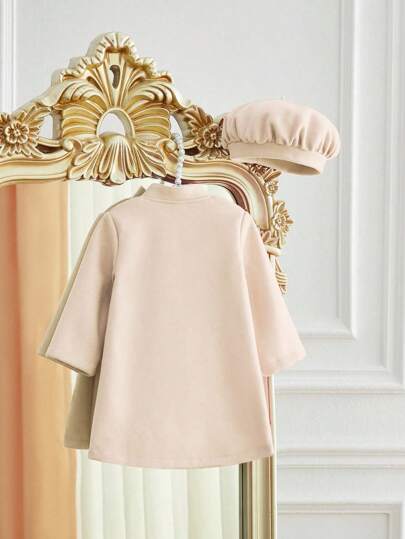 SHEIN Elladie kids طقم جاكيت وقبعة أنيقة وبسيطة للبنات الصغار، خريف/شتاء