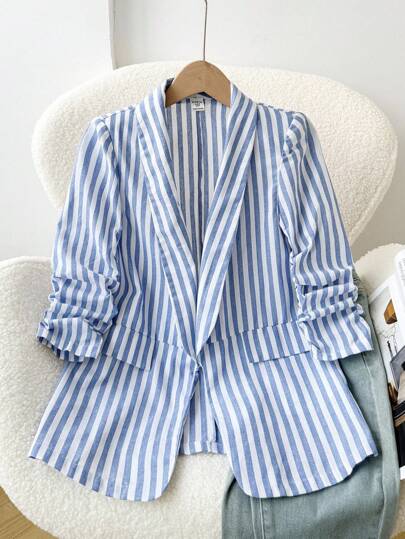 SHEIN بلوزة كاجوال أنيقة للفتيات المراهقات، ذات ياقة شال مخطط باللون الأزرق والأبيض من الكتان، بأكمام ثلاثة أرباع مطوية، بلوزة مخططة مناسبة للارتداء اليومي في فصلي الخريف والربيع
