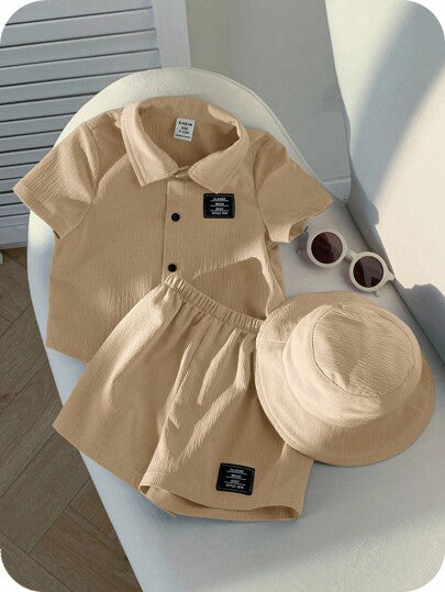 SHEIN طقم مكون من 3 قطع للأطفال الرضع الصبيان والبنات: كارديجان بأكمام قصيرة مزين بياقة، شورت بخصر مطاطي، وقبعة. ملابس صيفية محايدة للأطفال الرضع