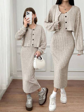 SHEIN مجموعة جاكيت كارديجان طويلة الأكمام ذات رقبة على شكل V مع فستان ماكسي ضيق مناسبة للفتيات المراهقات، أنيقة وأنيقة بطراز فرنسي، مناسبة للأيام العادية، الخروجات غير الرسمية، العودة إلى المدرسة