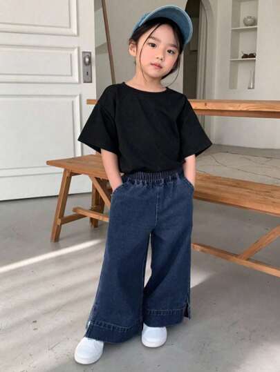Dazy Kids سروال جينز غير رسمي للفتيات بخصر مرن وجيب وشق جانبي من لون سادة