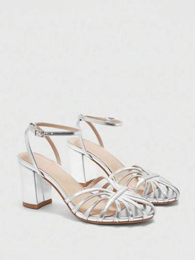 Rosivie صنادل نسائية ذات كعب سميك مستدير مزينة بإبزيم فضي وتصميم منسوج أنيق وعالي الكعب