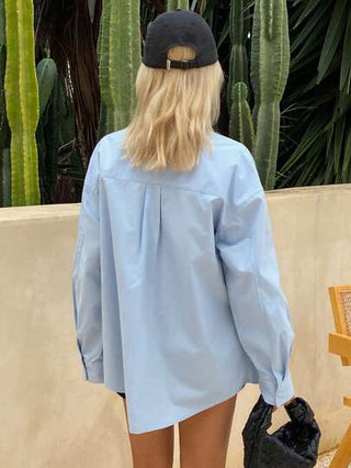 DAZY قميص نسائي بلون أحادي فضفاض 2 في 1 بأكمام طويلة وياقة كاجوال للشارع، خريفي