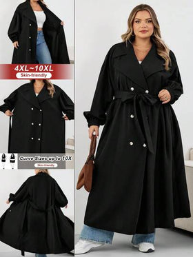 SHEIN CURVE+ معطف نسائي أسود طويل، جاكيت أسود طويل الأكمام بسيط للاستخدام اليومي، معطف نسائي، معطف نسائي، ملابس نسائية للخريف، ملابس نسائية للشتاء، معطف نسائي