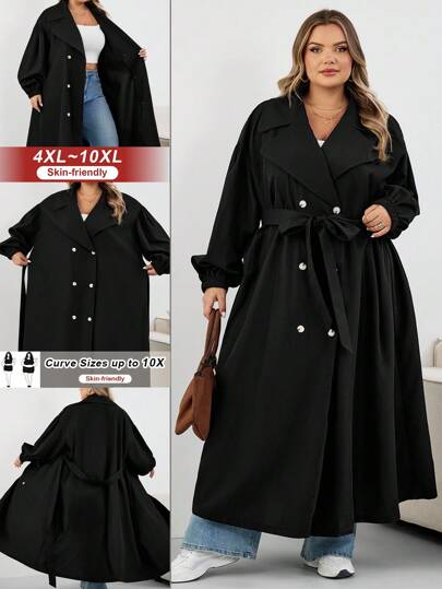 SHEIN CURVE+ معطف نسائي أسود طويل، جاكيت أسود طويل الأكمام بسيط للاستخدام اليومي، معطف نسائي، معطف نسائي، ملابس نسائية للخريف، ملابس نسائية للشتاء، معطف نسائي