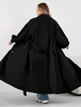 SHEIN CURVE+ معطف نسائي أسود طويل، جاكيت أسود طويل الأكمام بسيط للاستخدام اليومي، معطف نسائي، معطف نسائي، ملابس نسائية للخريف، ملابس نسائية للشتاء، معطف نسائي