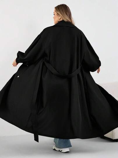 SHEIN CURVE+ معطف نسائي أسود طويل، جاكيت أسود طويل الأكمام بسيط للاستخدام اليومي، معطف نسائي، معطف نسائي، ملابس نسائية للخريف، ملابس نسائية للشتاء، معطف نسائي