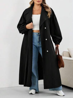 SHEIN CURVE+ معطف نسائي أسود طويل، جاكيت أسود طويل الأكمام بسيط للاستخدام اليومي، معطف نسائي، معطف نسائي، ملابس نسائية للخريف، ملابس نسائية للشتاء، معطف نسائي