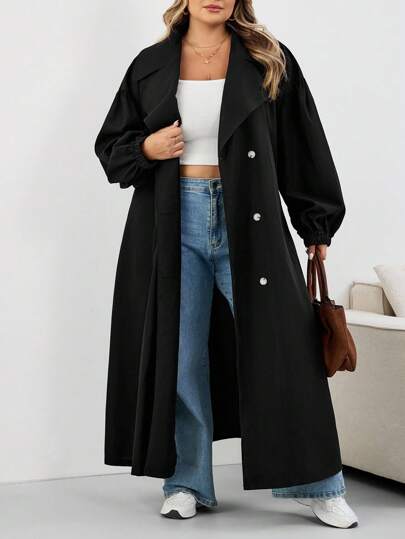 SHEIN CURVE+ معطف نسائي أسود طويل، جاكيت أسود طويل الأكمام بسيط للاستخدام اليومي، معطف نسائي، معطف نسائي، ملابس نسائية للخريف، ملابس نسائية للشتاء، معطف نسائي