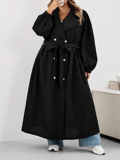 SHEIN CURVE+ معطف نسائي أسود طويل، جاكيت أسود طويل الأكمام بسيط للاستخدام اليومي، معطف نسائي، معطف نسائي، ملابس نسائية للخريف، ملابس نسائية للشتاء، معطف نسائي