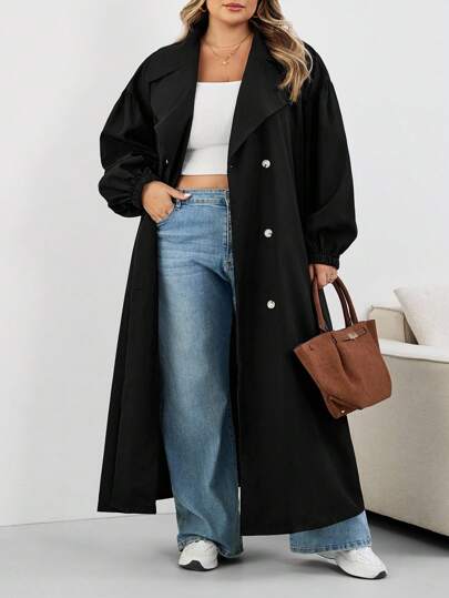 SHEIN CURVE+ معطف نسائي أسود طويل، جاكيت أسود طويل الأكمام بسيط للاستخدام اليومي، معطف نسائي، معطف نسائي، ملابس نسائية للخريف، ملابس نسائية للشتاء، معطف نسائي