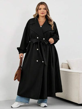 SHEIN CURVE+ معطف نسائي أسود طويل، جاكيت أسود طويل الأكمام بسيط للاستخدام اليومي، معطف نسائي، معطف نسائي، ملابس نسائية للخريف، ملابس نسائية للشتاء، معطف نسائي