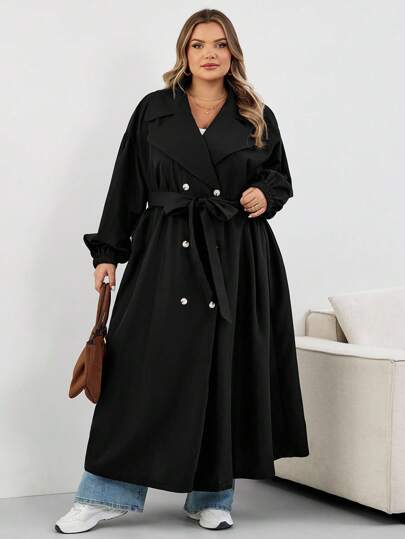 SHEIN CURVE+ معطف نسائي أسود طويل، جاكيت أسود طويل الأكمام بسيط للاستخدام اليومي، معطف نسائي، معطف نسائي، ملابس نسائية للخريف، ملابس نسائية للشتاء، معطف نسائي
