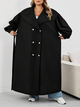 SHEIN CURVE+ معطف نسائي أسود طويل، جاكيت أسود طويل الأكمام بسيط للاستخدام اليومي، معطف نسائي، معطف نسائي، ملابس نسائية للخريف، ملابس نسائية للشتاء، معطف نسائي