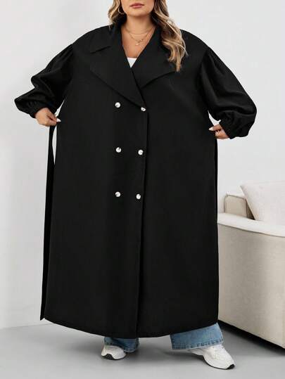 SHEIN CURVE+ معطف نسائي أسود طويل، جاكيت أسود طويل الأكمام بسيط للاستخدام اليومي، معطف نسائي، معطف نسائي، ملابس نسائية للخريف، ملابس نسائية للشتاء، معطف نسائي