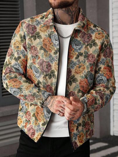 Manfinity CasualCool جاكيت رجالية بأكمام طويلة بطراز الشارع، تناسق INS، قماش جاكار، ملابس كاجوال، هدية للحبيب/الزوج، هدية للذكرى السنوية، جاكيت رجالية مزخرفة بالزهور، خريفية