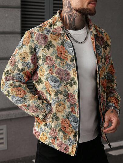 Manfinity CasualCool جاكيت رجالية بأكمام طويلة بطراز الشارع، تناسق INS، قماش جاكار، ملابس كاجوال، هدية للحبيب/الزوج، هدية للذكرى السنوية، جاكيت رجالية مزخرفة بالزهور، خريفية