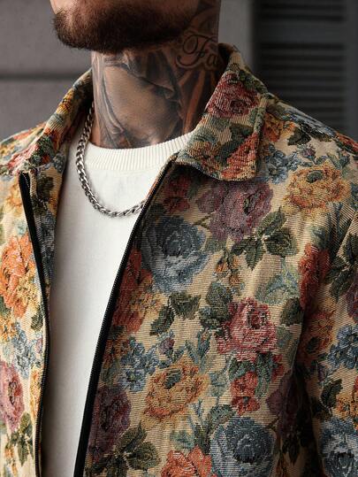 Manfinity CasualCool جاكيت رجالية بأكمام طويلة بطراز الشارع، تناسق INS، قماش جاكار، ملابس كاجوال، هدية للحبيب/الزوج، هدية للذكرى السنوية، جاكيت رجالية مزخرفة بالزهور، خريفية