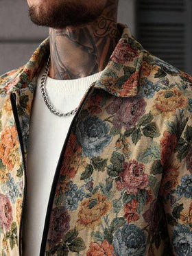 Manfinity CasualCool جاكيت رجالية بأكمام طويلة بطراز الشارع، تناسق INS، قماش جاكار، ملابس كاجوال، هدية للحبيب/الزوج، هدية للذكرى السنوية، جاكيت رجالية مزخرفة بالزهور، خريفية